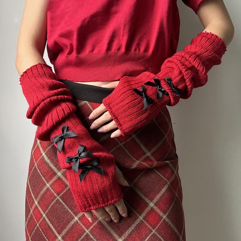 Red Knitted Arm Cover Hip-Hop Long Fingerless Sleeves Stretchy Elbow Decoration Thumb Hole Gloves Teens Cosplay