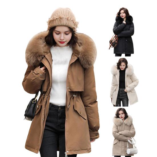 Women's Thicken Fleece Lined Drawstring Parka Windproof Warm Puffer Coat Faux Fur Hooded Down Jacket Winter Outerwear