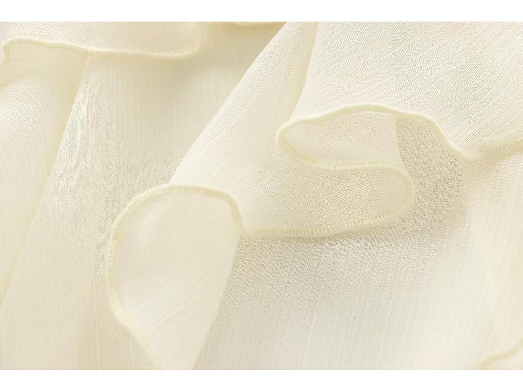 Women's White Ruffled Semi-Transparent Round Neck Tie Long Sleeve Layered Shirt - New French Autumn Design