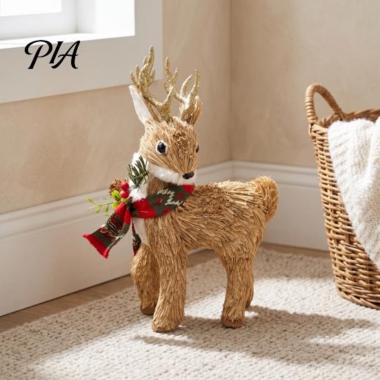Vintage Style Winter Decorations Handmade Straw Deer/Squirrel Christmas Ornaments with Scarf, Retro Pastoral Rustic Animal Figurines for Holiday Table