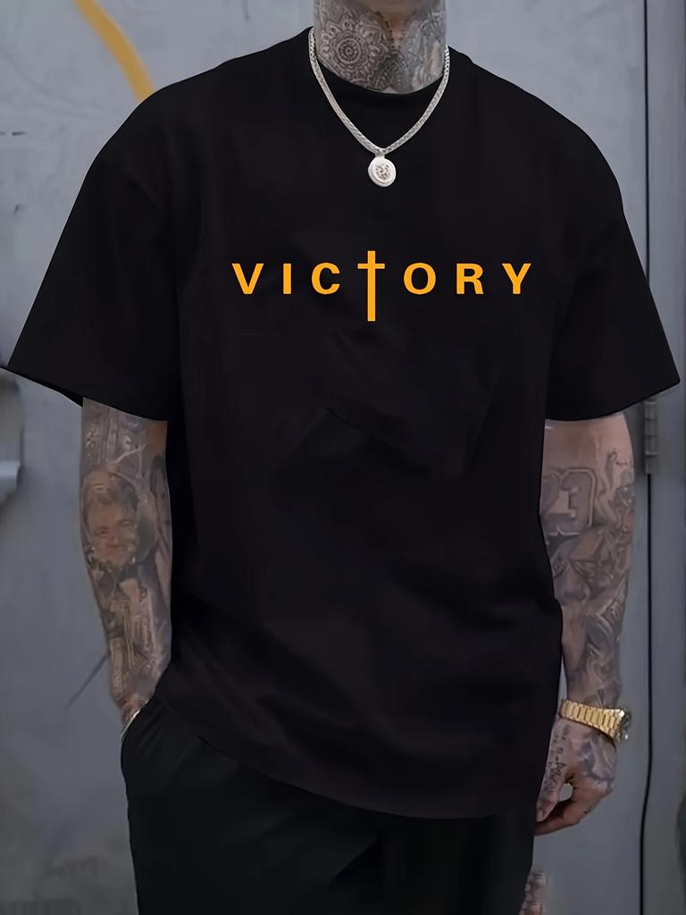 Смешная футболка с графическим принтом VICTORY - Черная с оранжевой надписью