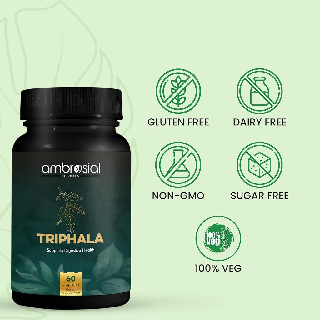 AMBROSIAL Трифала таблетки Смесь 3 натуральных трав в порошке Трифала Пищеварительные ферменты Избавление от запоров Пищеварение (Упаковка 1-60 капсул)