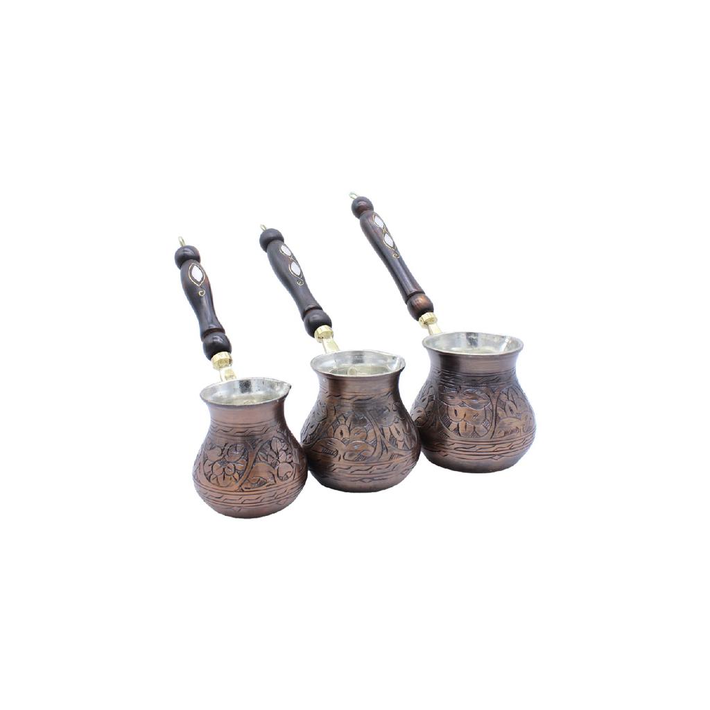 Gaziantep Handcrafted Floral Tumbled Copper Coffee Pot Copper Oxide Color Copper 3 Piece Coffee Pot Set