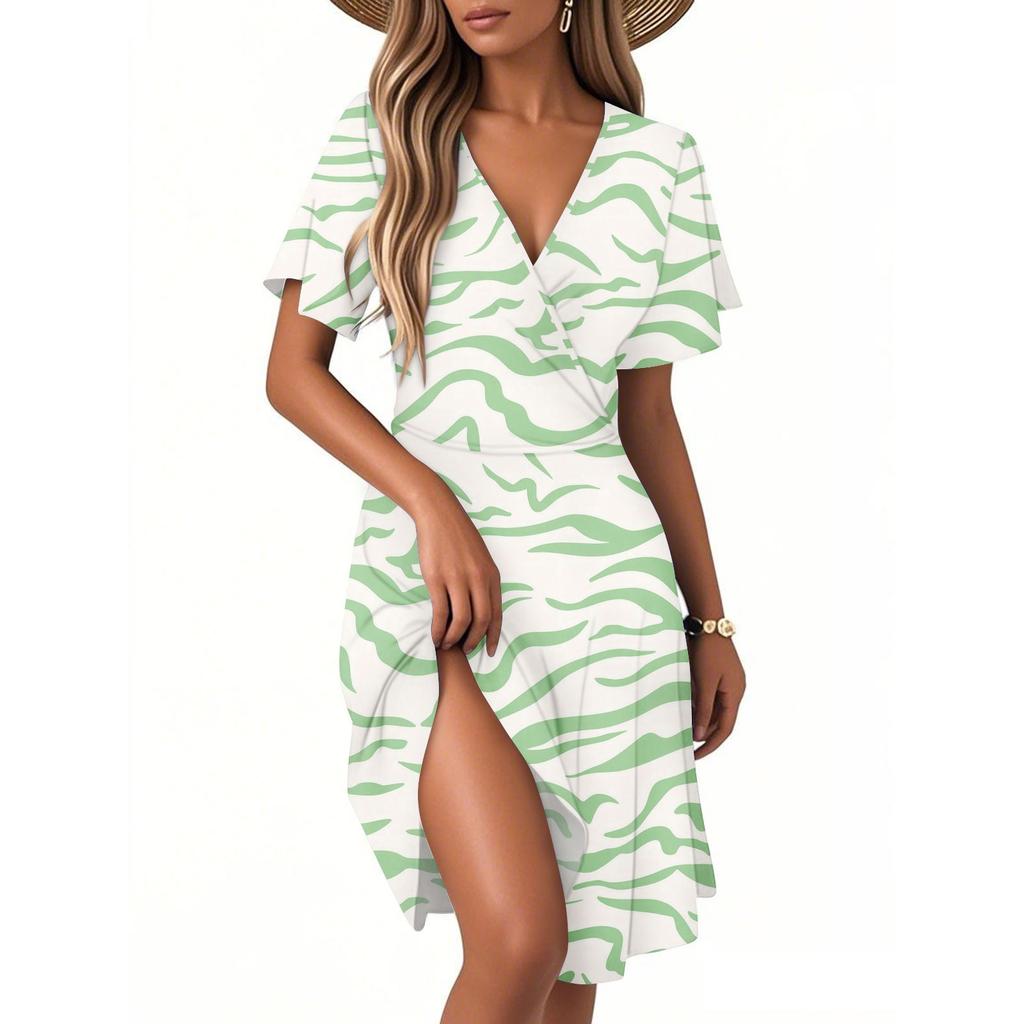 Женское повседневное модное платье с винтажным цветочным принтом и коротким рукавом и V-образным вырезом