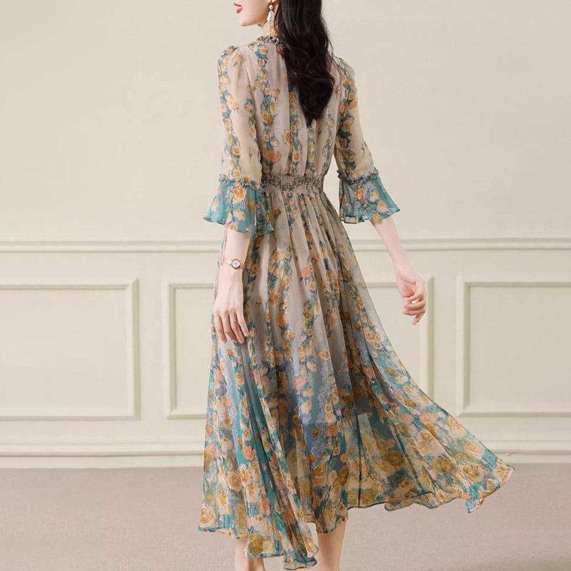 Шелковое платье Женское Летнее Французское Приталенное Цветочное Элегантное V-образный вырез Длинная юбка
