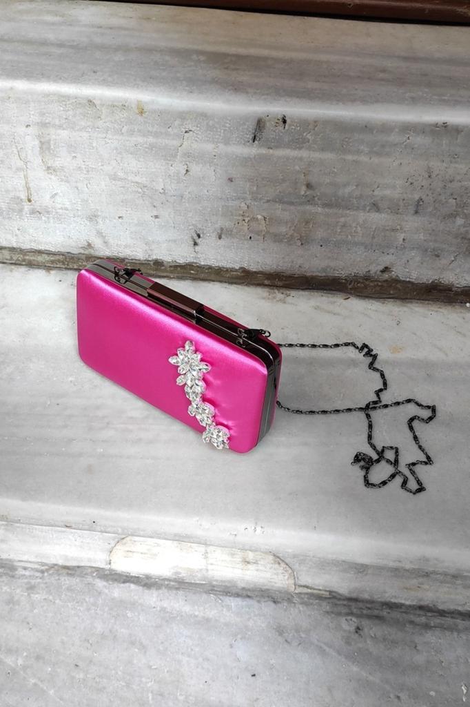 Women's Stylish and Useful Evening Dress Bag Light Fuchsia Satin Stone Evening Dress Portfolio Box Bag