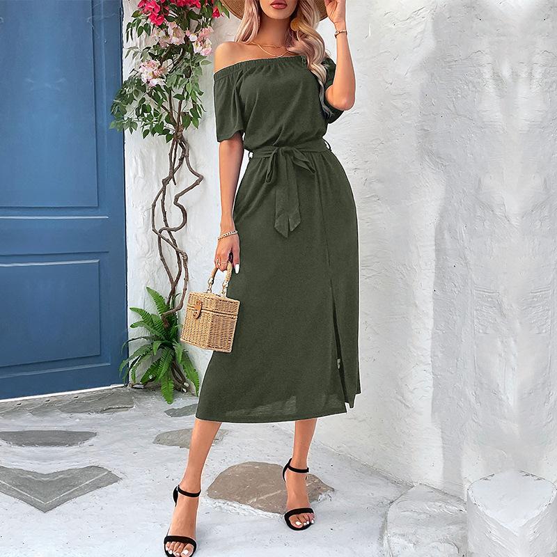 Amazon Independent Station Cross-border Summer New European and American Women's Clothing Off-Shoulder Short Sleeve One-Neck Split Dress