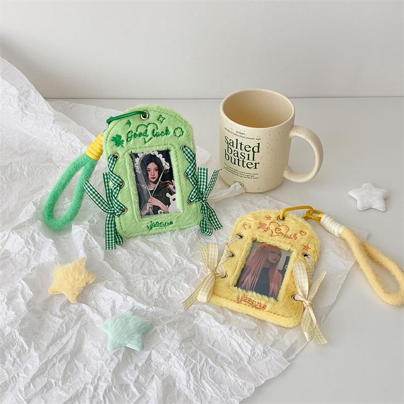 Cute Ballet-Style Ribbon Photocard Holder Plush Card Holder With Lanyard Idol Photo Storage Card Display Protective Pendant Gift