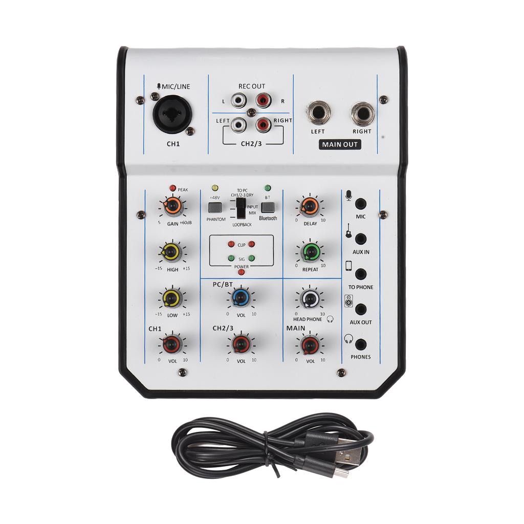 Audio Mixer 3-Channel Mixing Console 48V Phantom Power for Home Studio Recording DJ Network Live