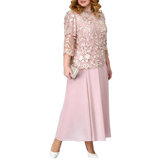 Женское платье с цветочной вышивкой, прозрачное кружево с рукавом три четверти и круглым вырезом, поддельное свободное однотонное платье из двух частей, элегантное платье макси больших размеров