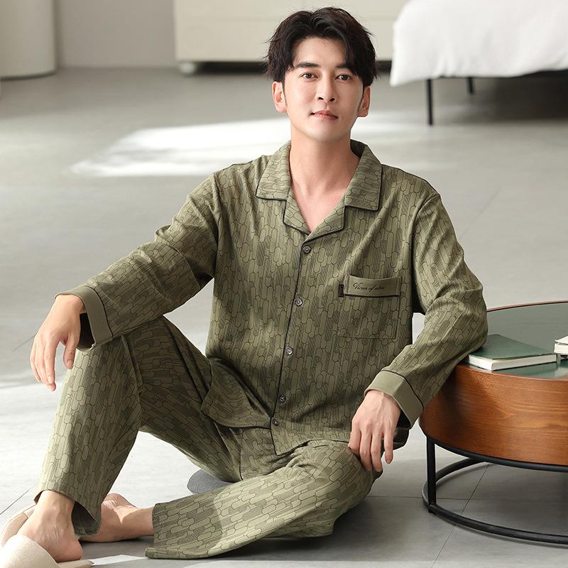 Пижама из ююбы мужская весенне-осенняя из чистого хлопка с длинным рукавом большого размера для полных на осень и зиму, комплект домашней одежды