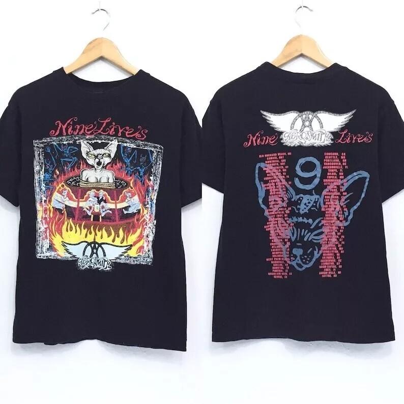 90#039s Aerosmith Band Shirt 1997 Nine Lives Tour 2 Side Black Unisex Tshirt Unisex T-Shirt