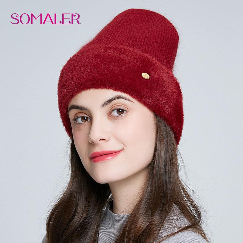 SOMALER Winter Hat for Women Thick Bonnet for Female Solid Color High Quality Rhinestone Cap New Beanie