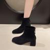 Women Ankle Boots Autumn Winter Fashion High Heels Chunky Middle Heel Suede Short Boots Woman Round Toe Back Zip Casual Shoes
