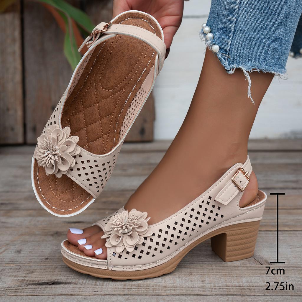 Босоножки на высоком каблуке с крупным цветком женские внешнеторговые лето 2025 новые европейская и американская мода толстый каблук пряжка с босоножками