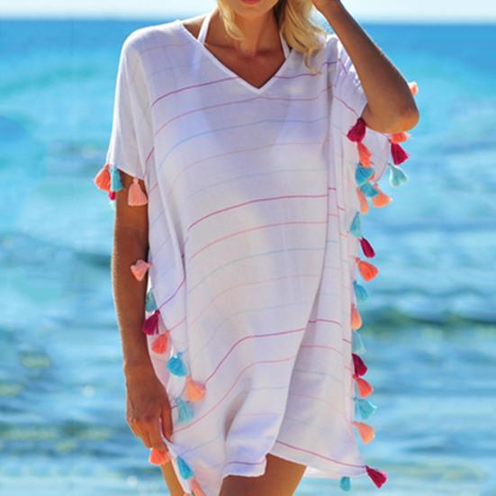 Солнцезащитное платье с v-образным вырезом и коротким рукавом по бокам, полосатый принт, кисточка, мяч, купальник, накидка для бассейна