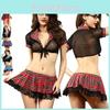 Stylish Women Sexy Costume Lingerie Student Uniform Set With Lace And Lattice Design
