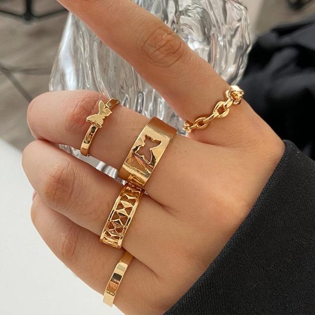 Fashion Jewelry Rings Set Gold Color Hollow Round Opening Women Finger Ring for Girl Lady Party Wedding Gifts