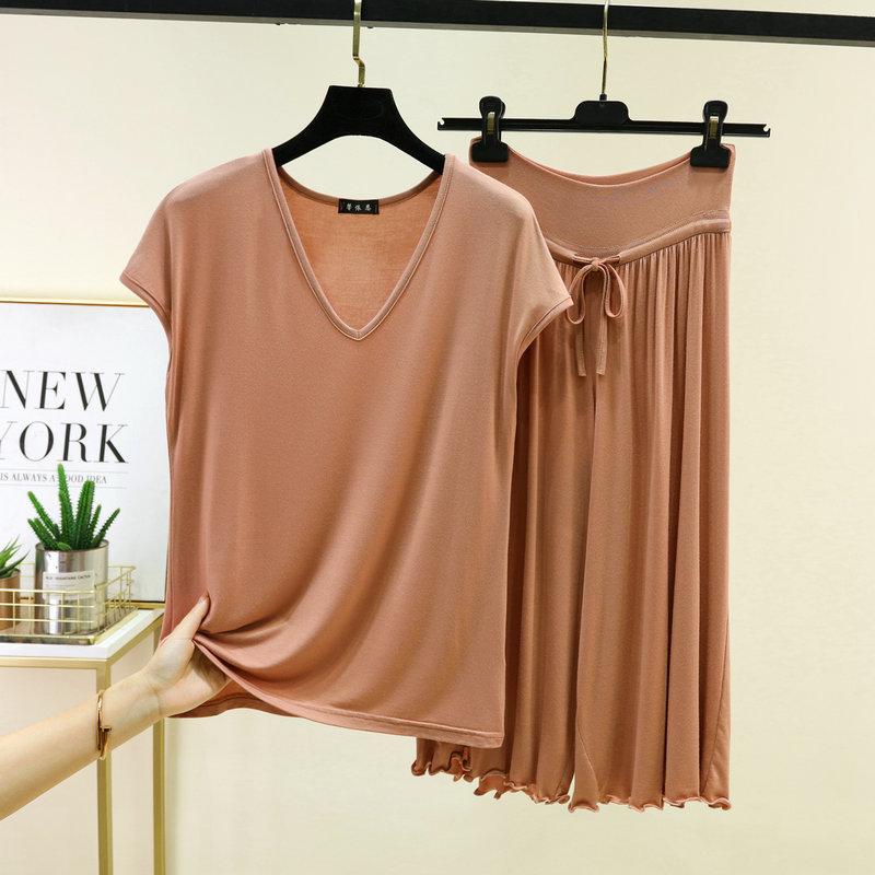 Размеры от M до 6XL Модальные повседневные комплекты пижам с V-образным вырезом, футболки с рукавами и кулиской, отделка с оборками, укороченные брюки, высокая талия, свободный крой, комплекты для отдыха