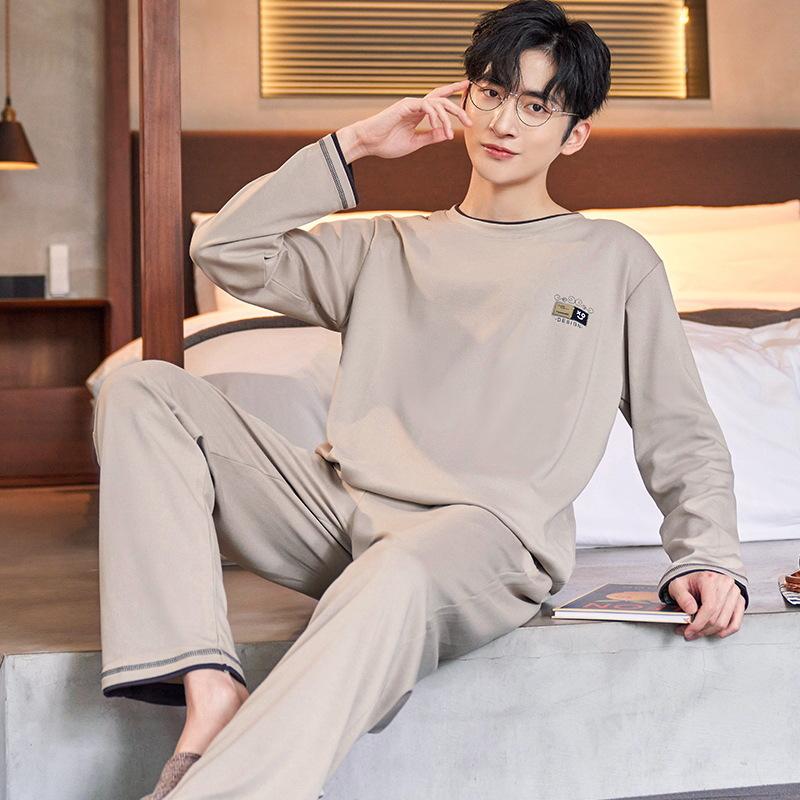 Пижамы мужские с длинным рукавом из хлопка весна и осень простой молодежный домашний костюм для отдыха можно носить