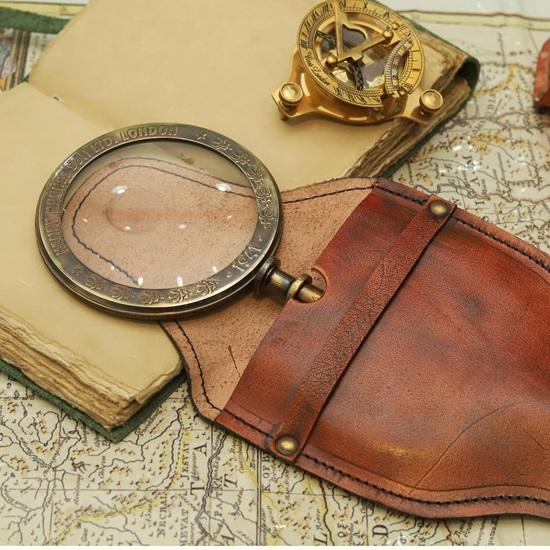 Brass Magnifying Glass with Leather Case Desk Decor