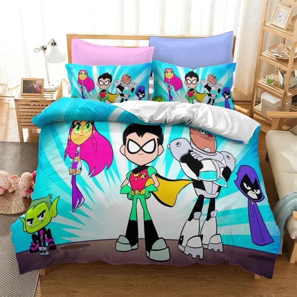 Cartoon Teen Titans Go Printed Bed Set Duvet Cover Pillowcase Bedding Set Linen Sheet Quilt Cover Full Queen Size Home Textile
