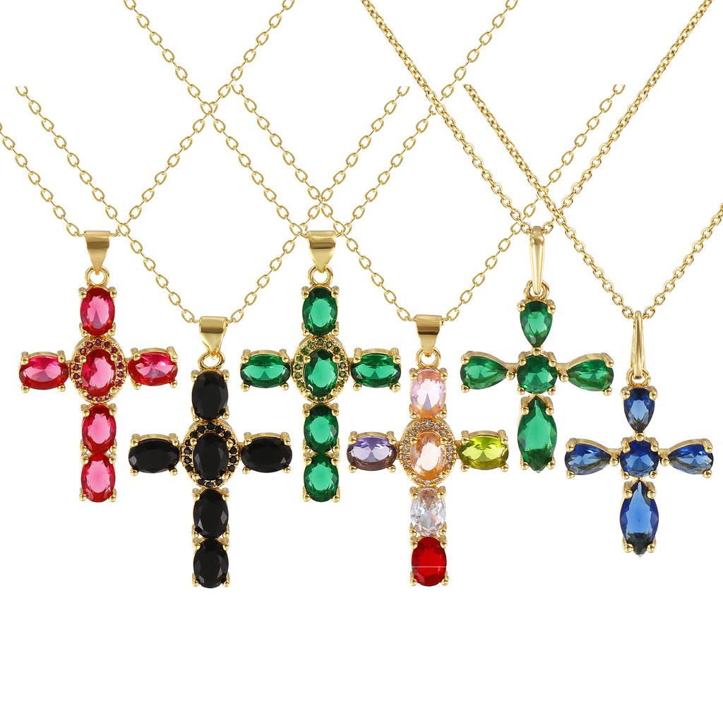 1 Piece Gold Plated Cross Charm Necklace Brass Chain Cubic Zirconia Pendant Necklace For Women Fashion Jewelry 46cm + 6cm