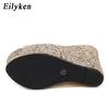 Модные Eilyken ПВХ Прозрачные Платформенные Клинья Шлепанцы Летние Туфли С Открытым Носком Женские Сексуальные Супер Высокие Мюли Туфли на Каблуке Сандалии