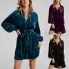 Women's Fashion Long Sleeve Solid Color Pocket Canary Velvet Dress