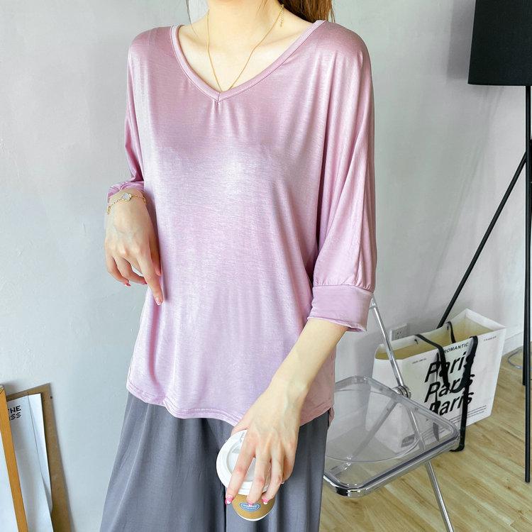 Women's Modal Loose Half-Sleeve Summer Bottoming Shirt: Lightweight, Pajama-Style, Large Size, Short Front, Long Back.
