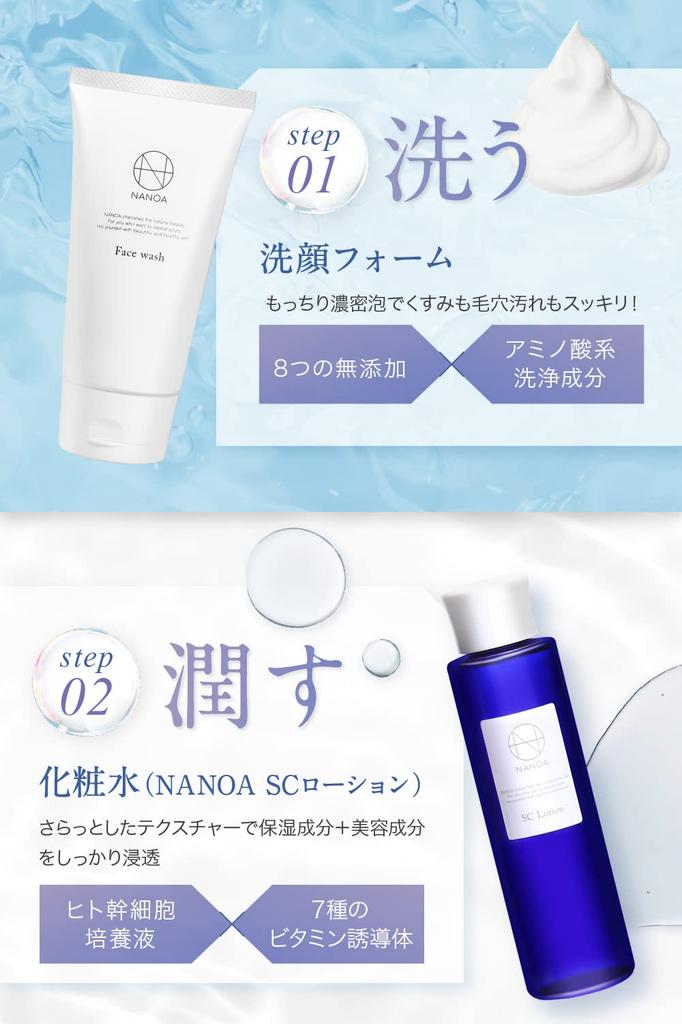 NANOA Gift Set Human Stem Moisturizing EGF Skincare Made in Japan [Doctor-Recommended Cells] (Lotion/Facial Cleanser) Set, Ceramide-Free,