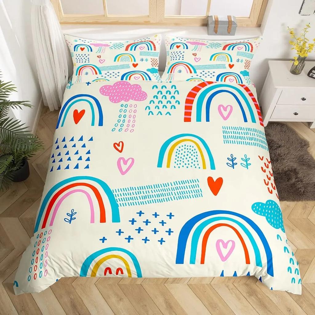 Red Valentine'S Day Rainbow Duvet Cover Twin Size,Cartoon Love Heart Bedding Set For Girls Women Moon Leaves Comforter Cover