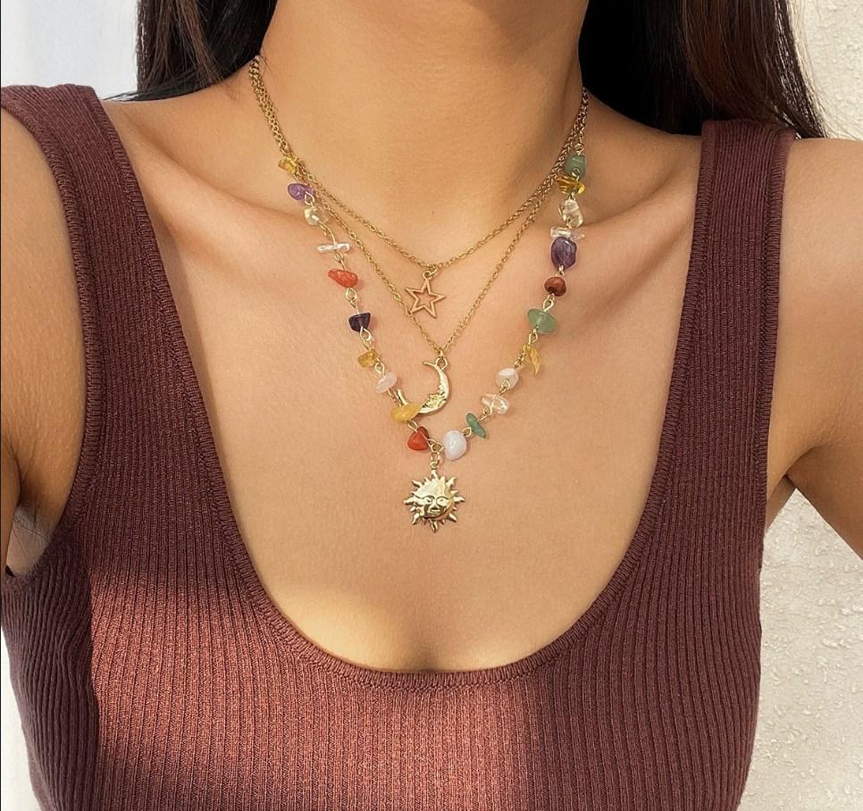 Pendant Necklace Sun Star Charms - Vintage Alloy Beaded Chain Layering for Everyday with Crescent Moon Boho-Chic 3Pcs/Set Fashion Jewelry Accessory