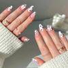 24 Pieces Short Almond Press On Nail False Nail With 3D Bows and Strawberry Pattern French Style Stick On Nail for Women
