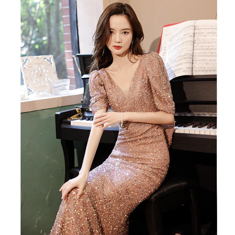 Banquet evening dress women's 1011 summer new banquet temperament pink sequins socialites annual meeting host fishtail dress