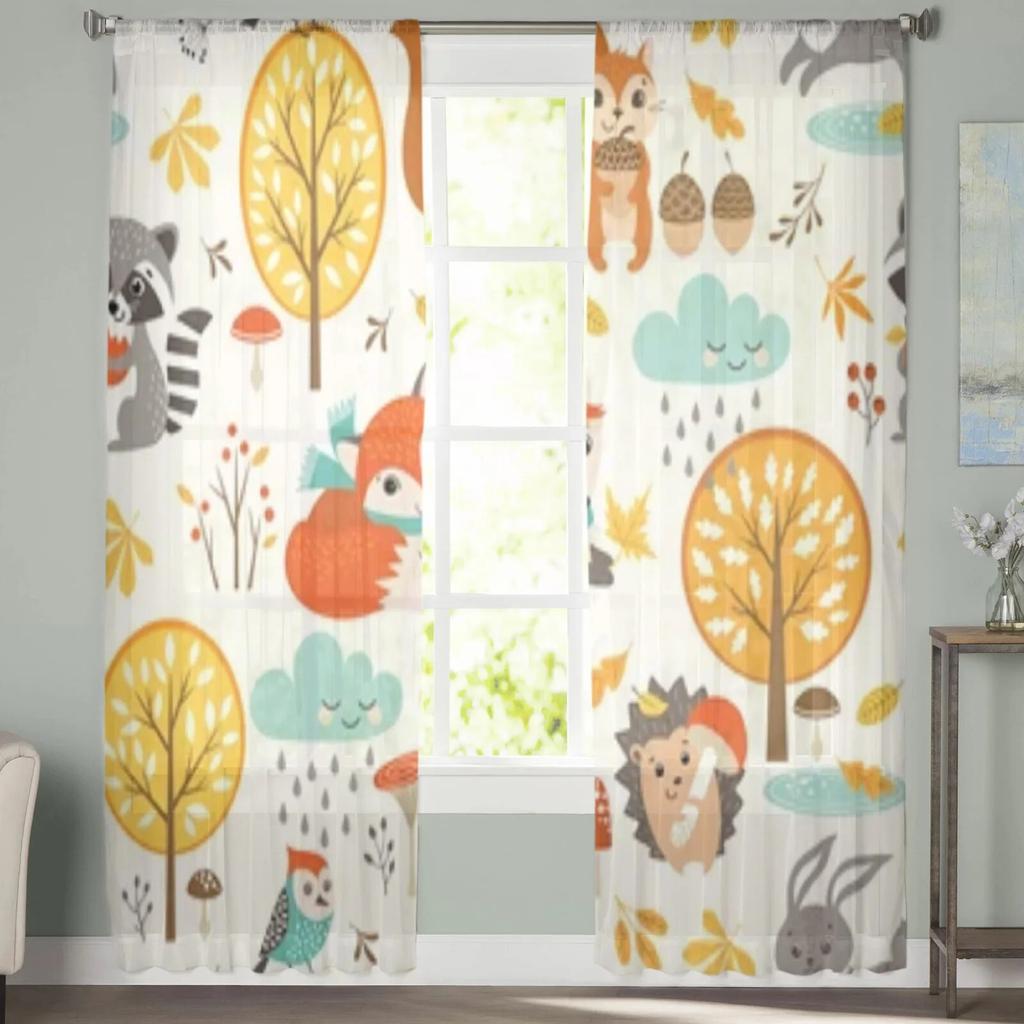 Autumn Woodland Animals Sheer Curtains For Living Room Bedroom Kitchen Tulle Curtain Home Decorative Sheer Panels