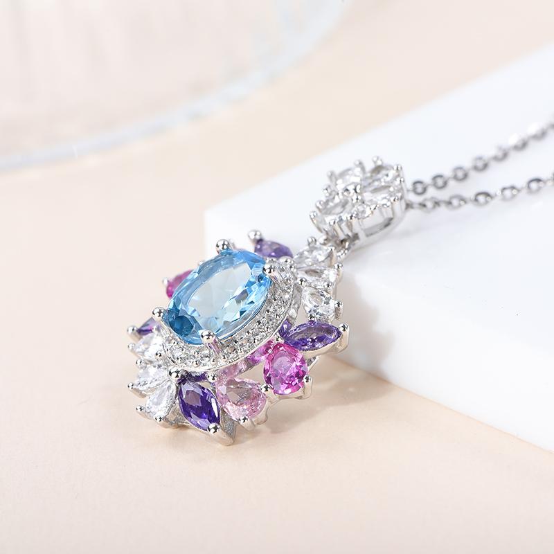 Natural Blue Topaz Oval Cut CMA Certified Pendant 925 Sterling Silver Rhodium Plated Claw Setting Anniversary Gift for Her