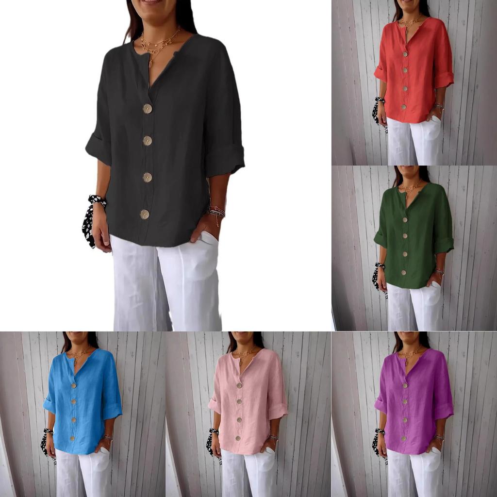 Linen Cotton Buttonup Shirt For Women With Loose Fit And Mandarin Collar For Casual Summer Wear