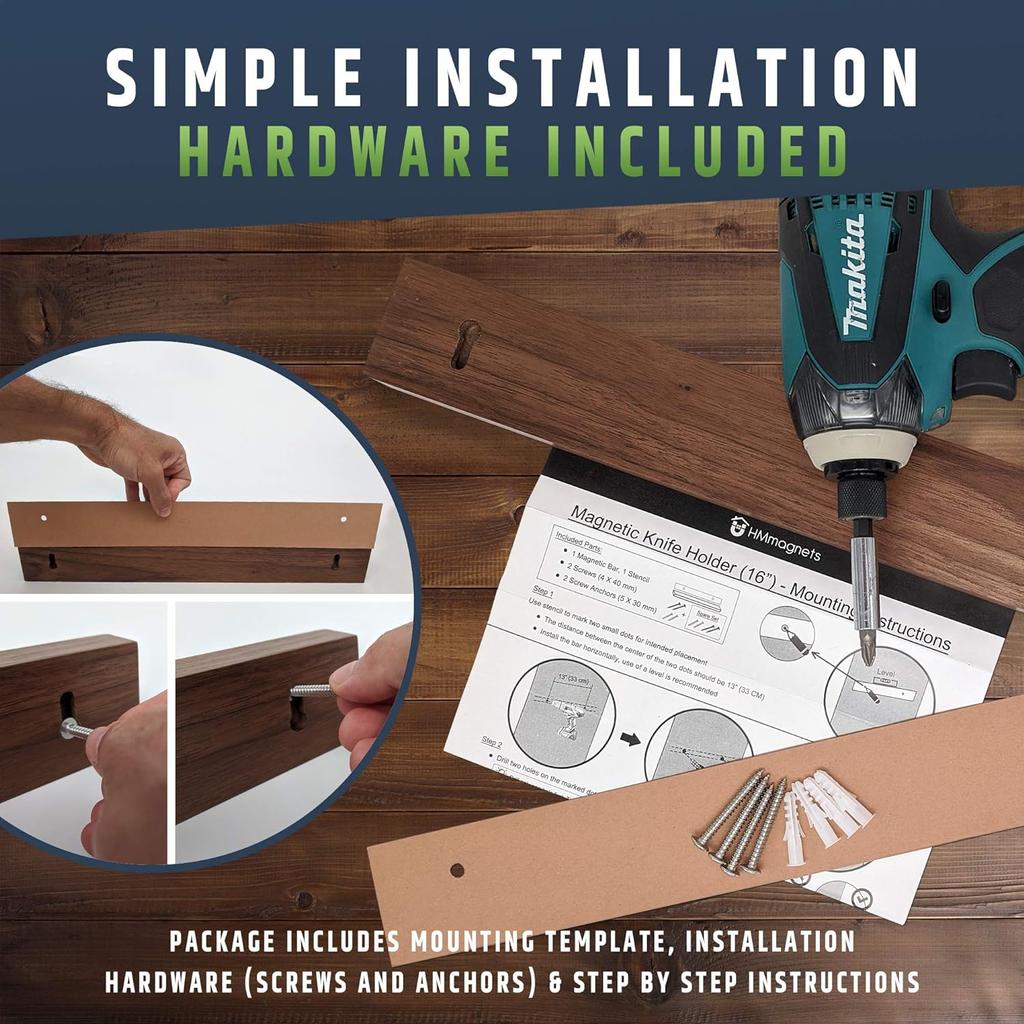 Магнитный держатель ножа для стены, магнитная лента для ножей без сверления, 16 дюймов, магнитная лента для держателя ножа из орехового дерева с 2 крючками
