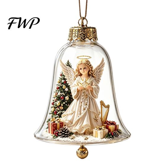 Clear Acrylic Christmas Ornaments 3D Bell Ornament, Winter Scene Decoration with Santa Immersive Wonderland Snowman Reindeer Angel Tree Inside