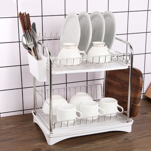 Dish Dryer/Drainer, 2-Tier, Large Capacity, Over-the-Sink Drainer with Automatic Drainage, Stainless Steel, Slim Design, Holds Plates, Chopsticks, Pot