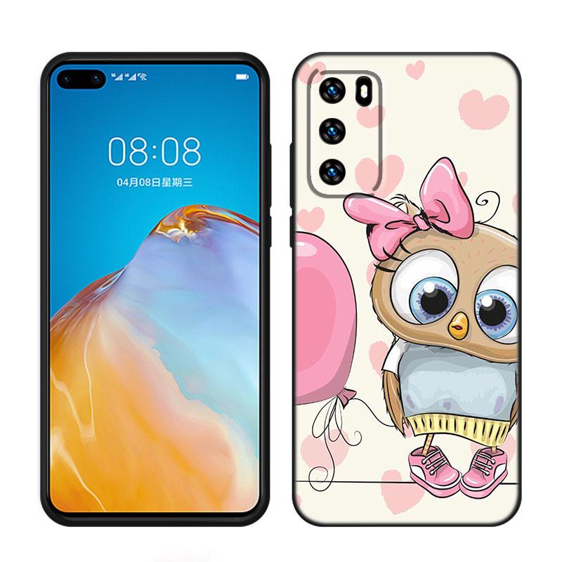 Lovely Animal Owl Black Silicone Phone Case For Huawei P10 P20 P30 P40 Lite P50 P60 Art P50E P Smart Z 2018 2020 2021 Pro 2019