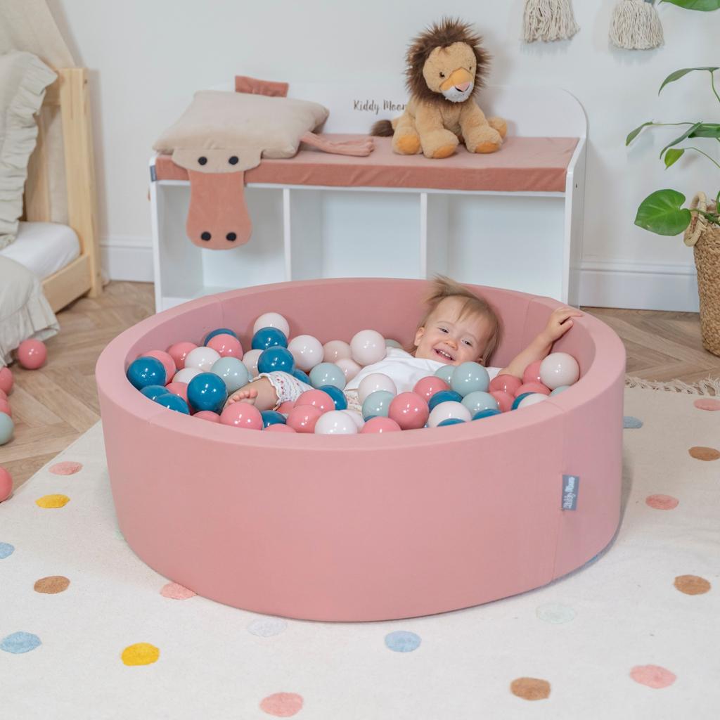 Kiddymoon plastikowe piłeczki 7cm ciemny turkus-pastelowy beż-zielonoszary-łososiowy 100 zabawka zestaw kulek