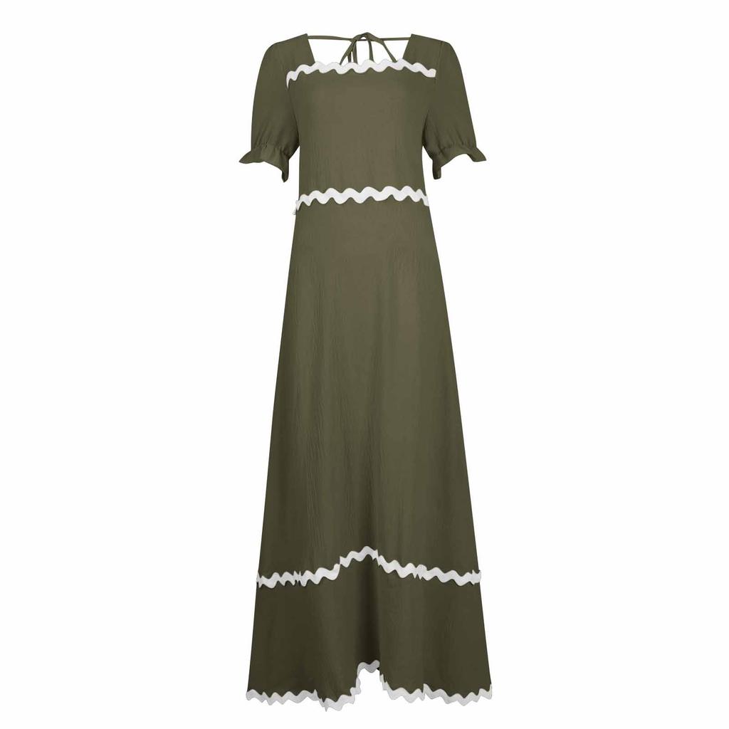 Women's Solid Color Square Neck Short Puff Sleeve Dress Casual Tie Back Smocked A Line Flowy Bubble Sleeve Dresses