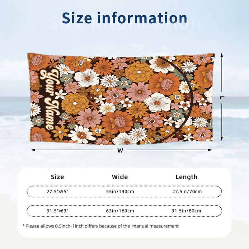Floral Paisley Theme Quick Dry Beach Towel Custom Name Text Print Large Sand Resistant Towel Beach Vacation
