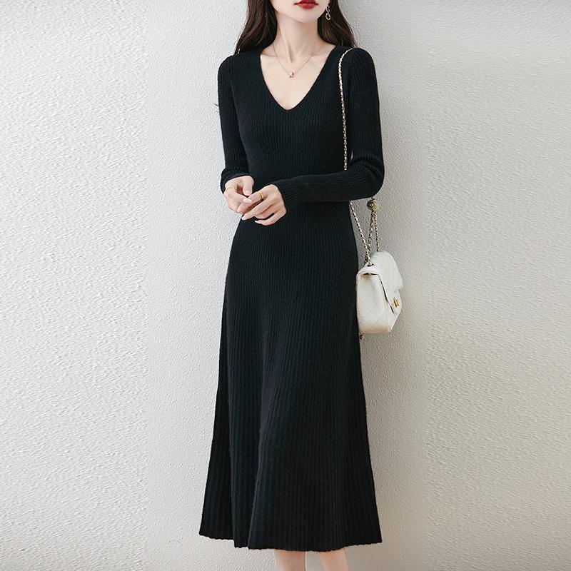 Женское платье-свитер 100% шерсть MODERN NEW SAGA V-образный вырез трикотажный длинный пуловер зимние джемперы шерстяное длинное платье женское