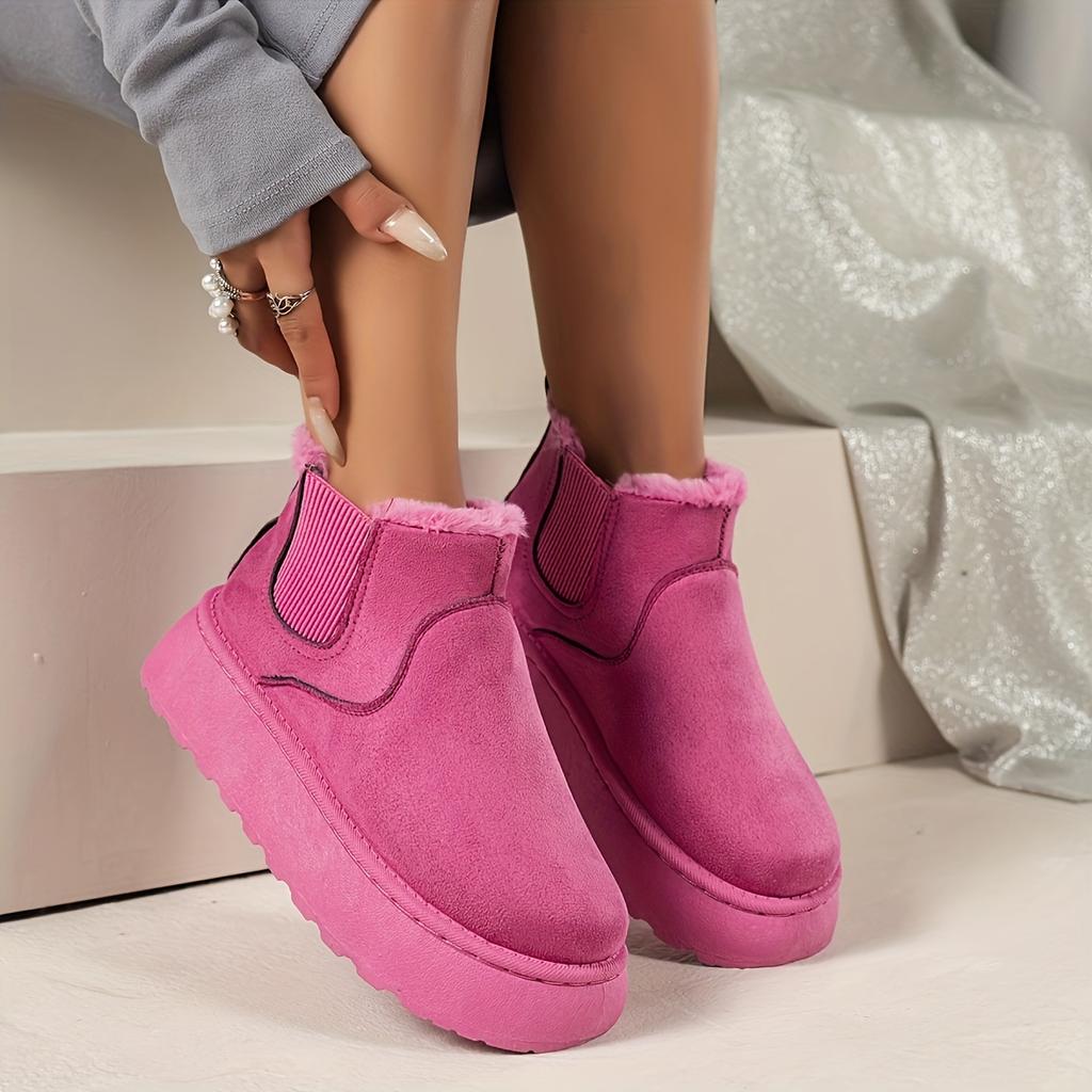 Women's Solid Color Fluffy Boots, Slip On Fleece Lining Platform Soft Sole Boots, Winter Plush Non-slip Warm Boots