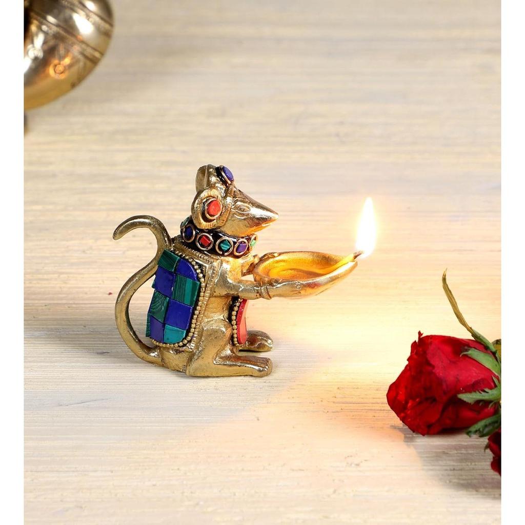 Latest Gemstone Work Brass Ganesha Mouse Holding Oil Lamp Diya, Standard, Pack of 1