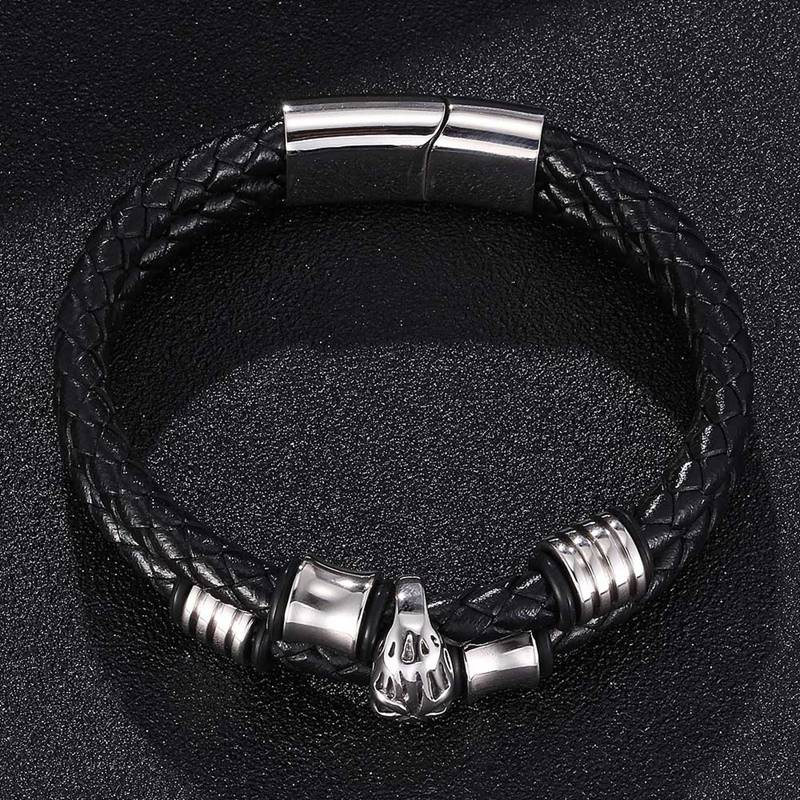 Punk Skull Genuine Leather Bracelet For Men Double Layer Woven Bracelet Charm Buckle Men Bracelets Bangles