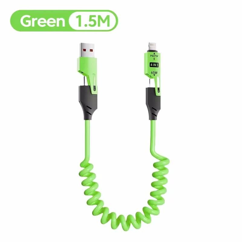65 Вт быстрое зарядное устройство пружинный USB-кабель 4 в 1 пружинный кабель передачи данных 6A USB Type C пружинный телескопический провод для iPhone iPad MacBook Huawei